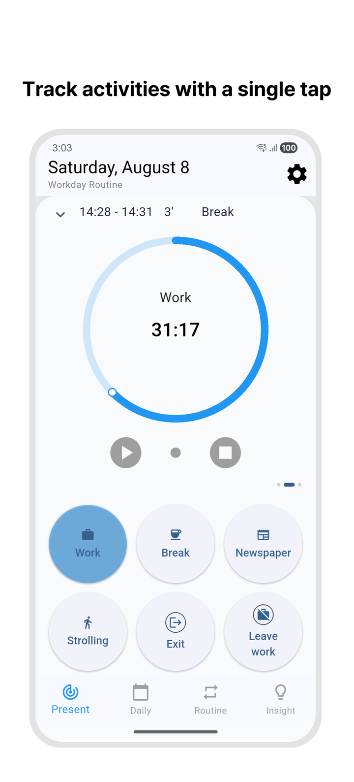 Timebook tracking screen