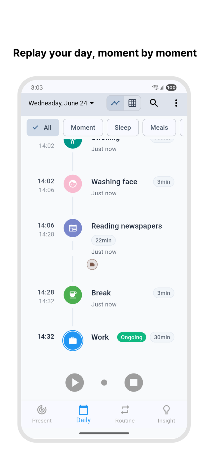 Timebook timeline screen